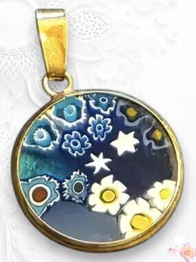 Vintage 18K Gold Millefiori Pendant 4218 VI | Blue Floral Murano Style 264